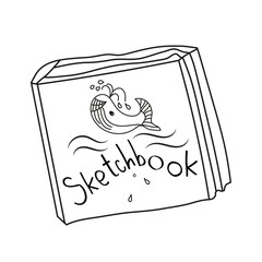 sketchbook with the image of a whale in the water on a white background in doodle style