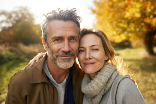 Couple d'une homme et d'une femme de 50-60 ans heureux et amoureux, souriant