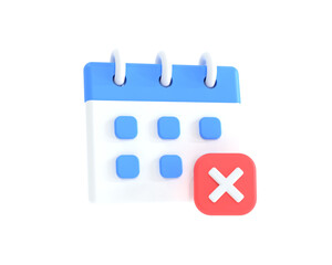 Calendar with cross icon 3D rendering illustration