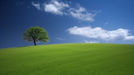 Beautiful landscape, Green Field Big Tree Blue Sky, Web Background, Ai Generate.