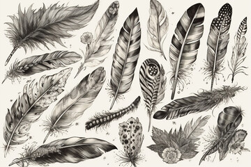 Feather with birds, Tattoo Sketches, 