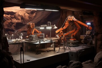 robotic arm repairing a mars simulation habitat