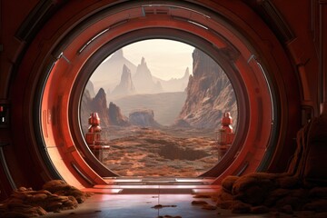 mars habitat airlock door opening to red landscape