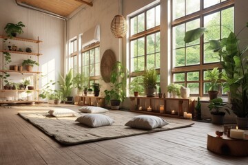 serene home yoga studio with plants and natural light