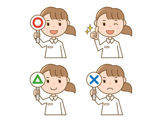 マル_バツ_サンカクの札を出す_いいねをする看護師さん__白衣女性の4ポーズセット