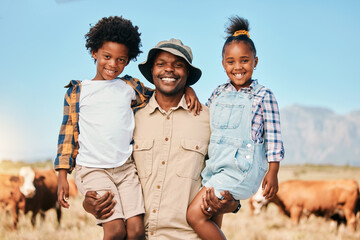 Portrait, father and children on animal farm outdoor with cattle, sustainability and family. African man and kids on field for farmer adventure or holiday in countryside Africa for travel holiday