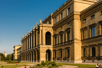 Close up of building with classical styled facade