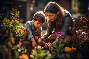 Mother And Her Children Planting Flower, Generative AI