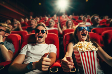 Laughing guy and girl in the cinema - obrazy, fototapety, plakaty