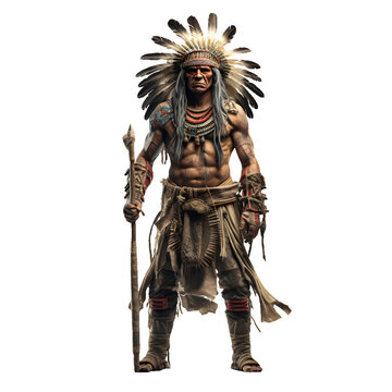 Tribal Indian Warrior, Native American Tribe Man, Ancient Civilization Male In Full Growth Isolated On Transparent White Background