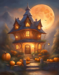 Halloween postcard or poster. Strange old house with warm glowing yellow lights on a night sky background with huge orange moon. Many pumpkins are lying on the ground.