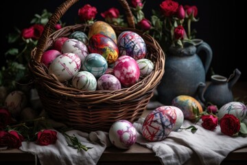 Fototapeta na wymiar painted easter eggs in a rustic basket