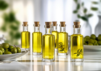 Glass bottles of olive oil and some olives with leaves on a white background