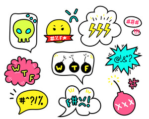 doodle swear word speech bubble set. Curse, rude, swear word for angry, bad, negative expression.
