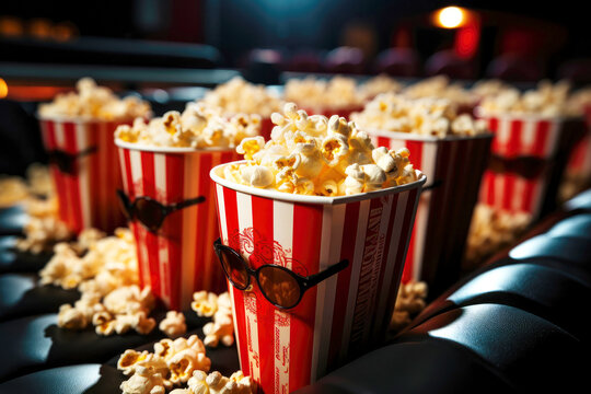 Glasses of popcorn with glasses. Cinema advertising