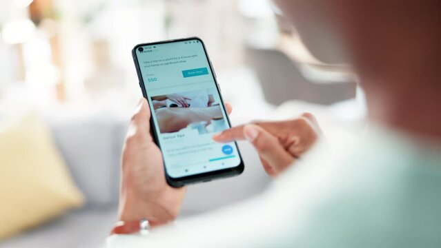 Phone screen, hands search and holiday app, booking vacation and planning trip online in home living room. Smartphone, travel destination and person on website, internet and scroll location on mobile