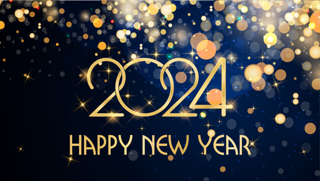 card or banner to wish a happy 2024 in gold on a blue background with circles and gold-colored glitter in bokeh effect