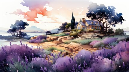 Obraz premium Lavender flowers with a house in the background.