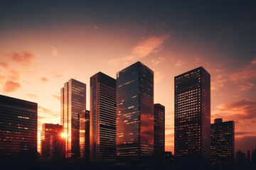 Skyline at Dusk. Silhouettes of Business Buildings during Sunset - obrazy, fototapety, plakaty