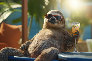 pleased sloth character in sunglasses, relaxing at a luxurious resort, with a cocktail in hand. Concept of a satisfied traveler while vacation.
