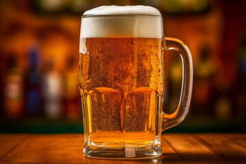 A mug of beer on the counter bar in pub isolated on blurred background, close up shot, Internationnal beer day and oktoberfest concept.