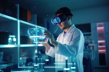 Virtual reality, overlay and science doctor in metaverse researching and working on futuristic 3d digital screen. Future, innovation and researcher in vr headset busy in a laboratory with medical ai. 