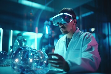 Virtual reality, overlay and science doctor in metaverse researching and working on futuristic 3d digital screen. Future, innovation and researcher in vr headset busy in a laboratory with medical ai. 