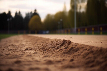 A long jump sand pit with a faint image of the track in the background, Sport, bokeh  - obrazy, fototapety, plakaty