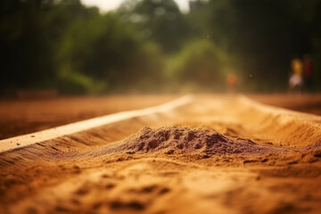 A long jump sand pit with a faint image of the track in the background, Sport, bokeh  - obrazy, fototapety, plakaty