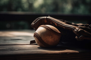 A baseball glove and ball sitting on a wooden bench, Sport, bokeh 