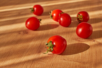 Fresh and organic cherry tomatoes on a kitchen counter. Italian sauce.