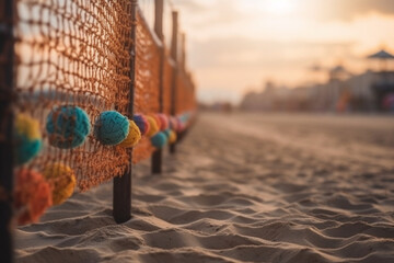 A colorful row of beach volleyball nets along a sandy beach, Sport, bokeh  - obrazy, fototapety, plakaty