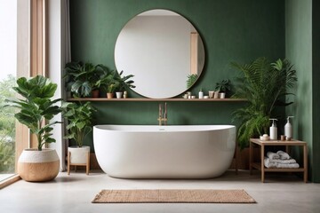 Modern minimalist bathroom interior with bathroom cabinet, white sink and wooden vanity. Interior plants. Image created using artificial intelligence.