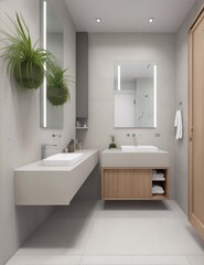 Fototapeta na wymiar Modern minimalist bathroom interior with bathroom cabinet, white sink and wooden vanity. Interior plants. Image created using artificial intelligence.