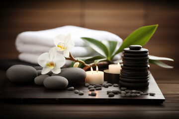Stones, candles and oils in the spa salon.