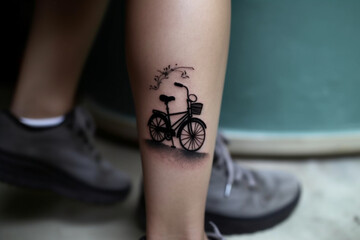 Bicycle silhouette on the foot, Minimal tattoo,  - obrazy, fototapety, plakaty
