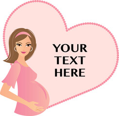 Young brown hair pregnant woman on pink heart background with custom text