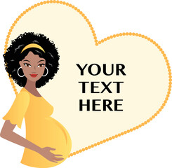 Young Africa-american pregnant woman on yellow heart background with custom text