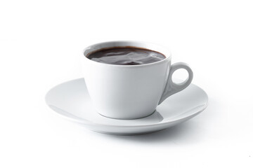 Hot chocolate in white cup isolated on white background..