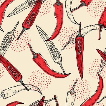 Hand drawn chili peppers on vintage background. Vector seamless pattern. 