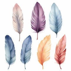 Feathers on white background, watercolor illustration, scrapbooking clipart - created with AI