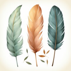 Feathers on white background, watercolor illustration, scrapbooking clipart - created with AI
