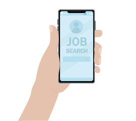 Job search hand in business style suit with phone on white background screen illustration