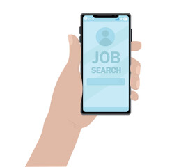 Job search hand in business style suit with phone on white background screen vector illustration
