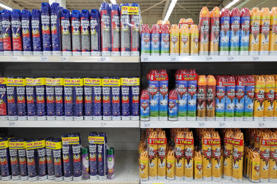 PENANG, MALAYSIA - 11 JULY 2023: Various choice Mosquito and Fly Killer Spray display on shelf in Giant Groceries.