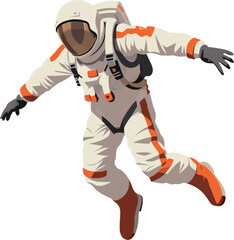 a spaceman wearing a jumpsuit and jumping between the air and the ground white background AI defined