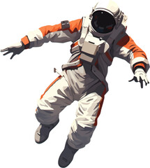 Plakat a spaceman wearing a jumpsuit and jumping between the air and the ground white background AI defined
