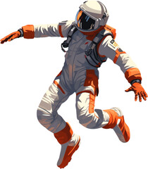 Fototapeta na wymiar a spaceman wearing a jumpsuit and jumping between the air and the ground white background AI defined