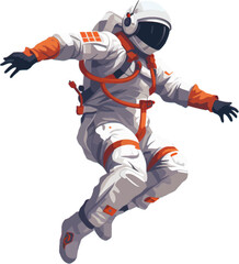 Fototapeta na wymiar a spaceman wearing a jumpsuit and jumping between the air and the ground white background AI defined