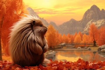 Porcupine with nature background style with autum